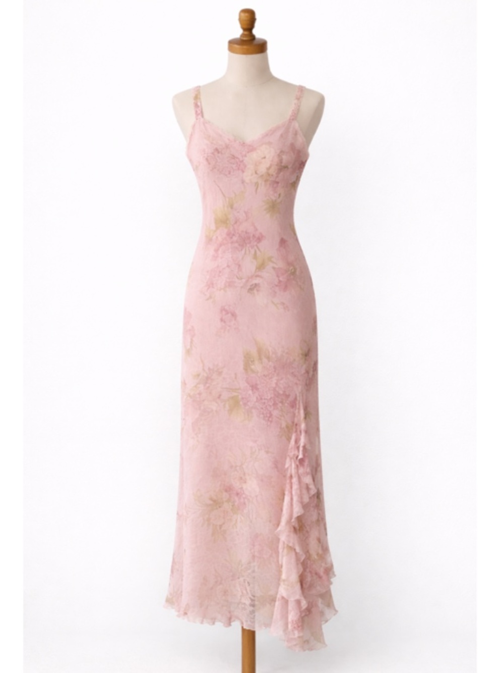 R&M Richards Vintage Petite Maxi Dress 6P Pink Floral Crinkle Chiffon Ruffle Hem - Picture 1 of 7